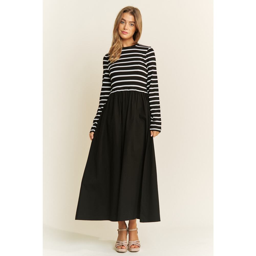 85. Black Cotton Maxi Dress With Knit Stripe Long Sleeve